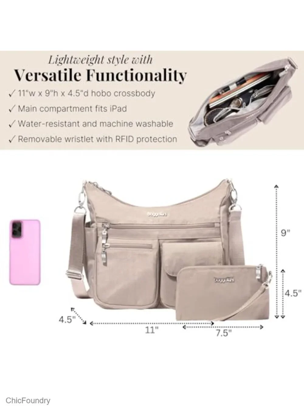 Nylon RFID Hobo Crossbody Bag Adjustable Strap Lightweight